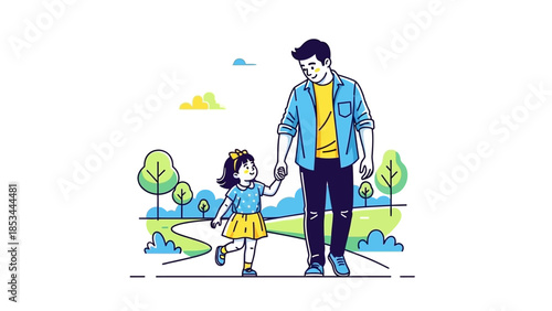 A father and his young daughter are walking hand-in-hand on a path through a park with trees and green grass.