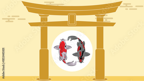 Minimal Japanese Culture Background Featuring Golden Torii Gate Twin Koi Fish Circle and Soft Beige Sky for Modern Asian Branding Visual