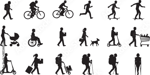 People in motion, various activities, urban silhouettes