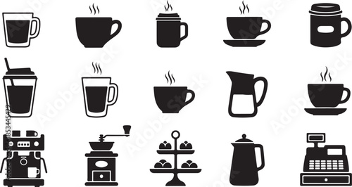Coffee shop icons set with cups, machines, and treats
