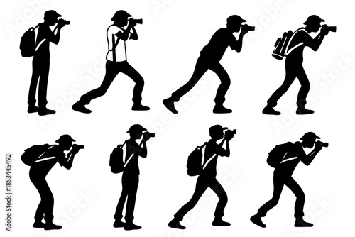 set of Traveler taking photo silhouette vector illustration isolated on white background