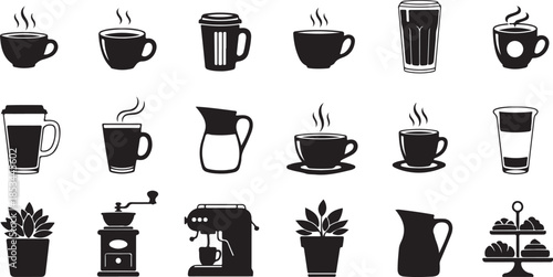 Black coffee and bakery icons set for cafe design