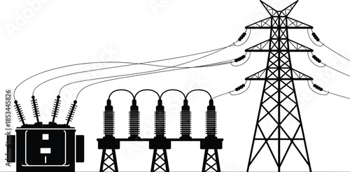 Electric power transformer with transmission lines and pylons, high voltage electrical infrastructure, energy distribution system vector illustration