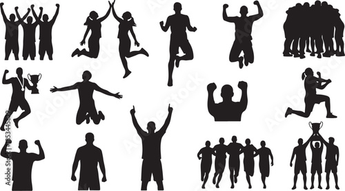 People celebrating success in various joyful poses and movements