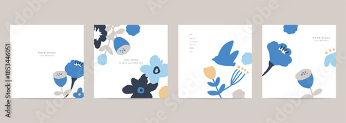 北欧風花と草木のポストカードテンプレート。バナー風植物背景。かわいい北欧柄。Scandinavian style flowers and grass postcard template. Banner style plant background. Cute Scandinavian pattern.