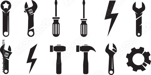 Black icons of tools and hardware on white background