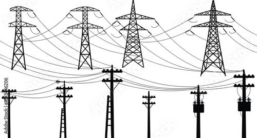 Power grid silhouette, transmission towers, utility poles, electric cables, energy infrastructure, high voltage lines, electrical network, electricity distribution