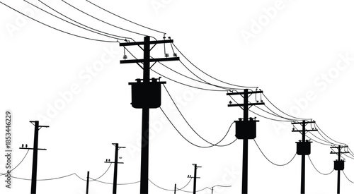 Power lines silhouette, utility poles, electric wires, electrical transmission, energy infrastructure, electrical poles, power distribution,