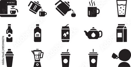 Black icons of various drinks and drinkware