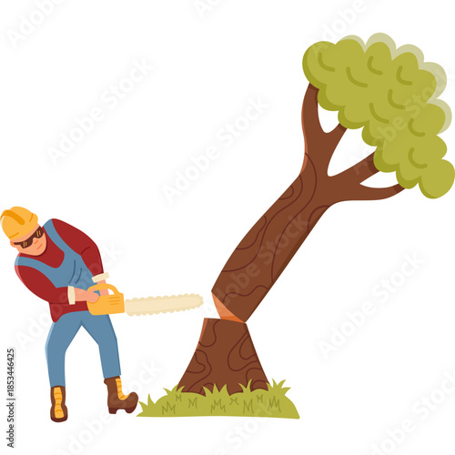 Lumberjack Cutting Tree with Chainsaw Flat Illustration