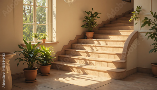 Sunlit stair landing by window with potted plants in late morning, sharp plant shadows on tile and warm neutral tones creating calm.