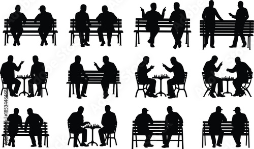 Silhouette, people, interaction, conversation, gesture, sitting, standing, talking, chess, bench, minimal, social, behavior, communication, duo, activity, black, white, artistic, grid