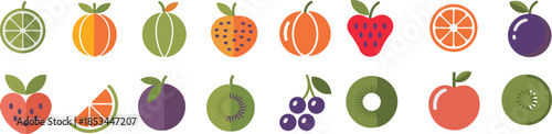 Colorful Minimal Fruit Icon Collection. Modern Flat Style Fruit Vector Pack. Healthy Food Icons in Flat Minimal Style