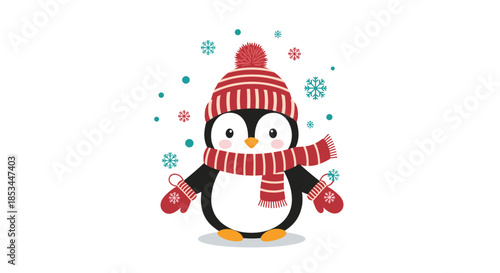 An adorable cartoon penguin wearing a cozy red and white striped winter hat, scarf, and mittens, surrounded by falling snowflakes.