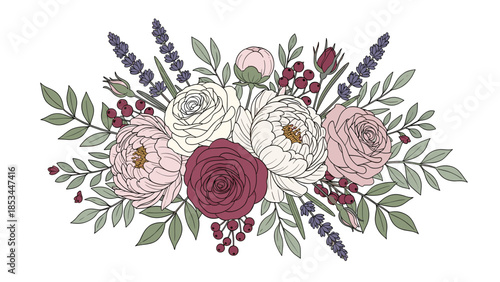 Elegant Hand-Drawn Floral Bouquet Illustration. Botanical Arrangement with Roses, Peonies, Lavender, and Berries for Design.