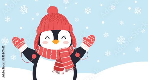 A cheerful and happy cartoon penguin wearing a red winter hat, scarf, and mittens, joyfully playing in the falling snow.
