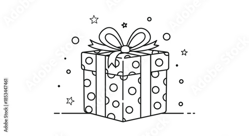 A fun black and white coloring page featuring a gift box with a big bow, polka dot wrapping paper, and sparkling stars.