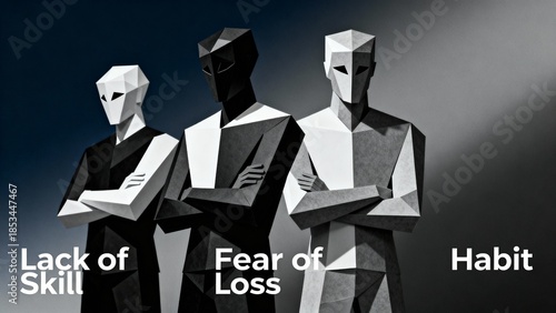 Three angular, faceless business figures in dramatic monochrome lighting conveying lack of skill, fear of loss, and habitual mindset