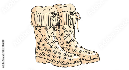 A charming, hand-drawn illustration of a pair of stylish rain boots decorated with a delicate flower pattern and cozy cuffs.