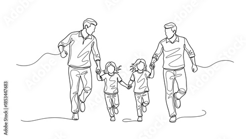 Continuous line drawing of two fathers and two daughters running hand in hand, depicting a happy modern family and childhood joy.