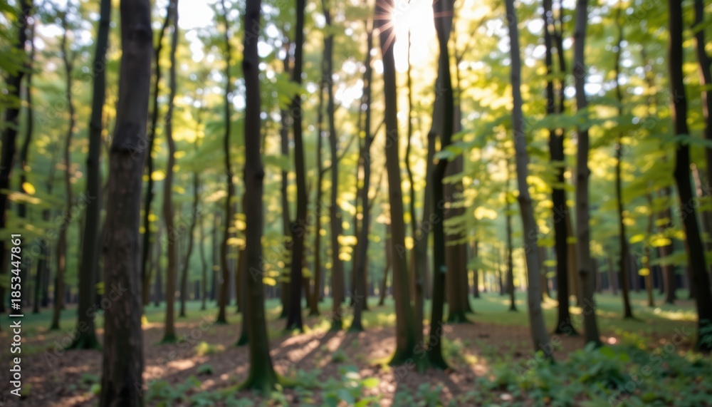Fototapeta premium Lush forest with sunlight filtering through vibrant green leaves.