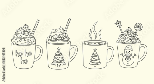 A cozy set of four Christmas-themed hot drinks in line art, including mugs with whipped cream, candy canes, and festive decorations.