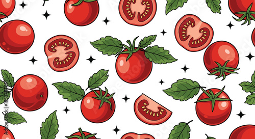 A fresh and juicy seamless pattern with bright red cherry tomatoes, whole and sliced, with green leaves on a white background.