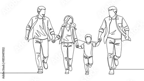 Minimalist continuous line art drawing of a happy family of four walking hand-in-hand, representing togetherness and family bond.