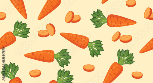 A bright and healthy seamless pattern featuring whole and sliced orange carrots with green tops on a light background for design.