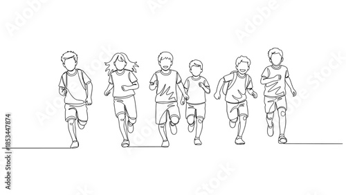Continuous Line Art Drawing of Diverse Children Running. Kids Playing Together, Childhood Activity, Minimalist Illustration.