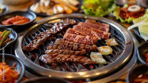 Korean barbecue meat cooking on a tabletop grill for a restaurant menu header.