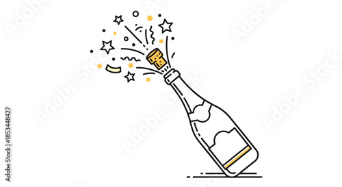 An exciting line art illustration of a champagne bottle popping its cork with an explosion of stars and confetti for a celebration.