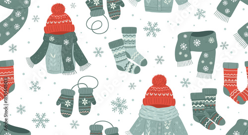 A cozy and seamless winter pattern featuring hand-drawn knitted sweaters, hats, scarves, mittens, and socks with snowflakes.