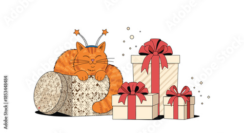 A cute and content ginger cat wearing a starry headband, peacefully sleeping on a stack of beautifully wrapped Christmas presents.