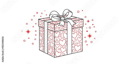 A lovely hand-drawn gift box with a heart-patterned wrapping paper and a big white bow, perfect for Valentine's Day or anniversaries.