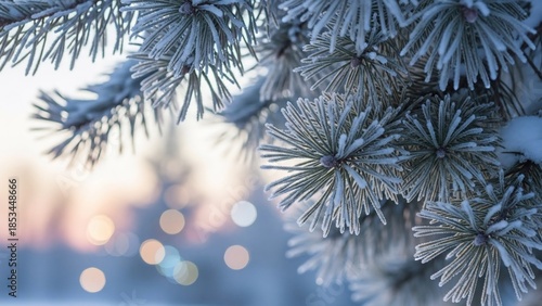 Close up of frosted pine needles with bokeh background.