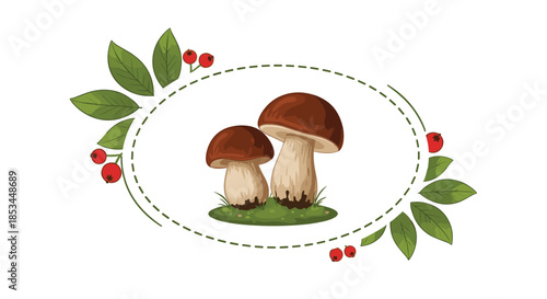 A charming illustration of two porcini mushrooms inside an oval frame decorated with green leaves and red berries for a design.