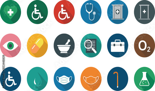Set of Medical and Healthcare Flat Icons with Long Shadow Including Wheelchair Stethoscope Capsule and Mask for Wellness Design.