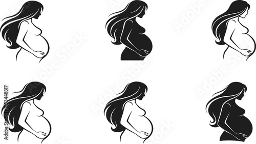 Set of Pregnant Woman Silhouette and Line Art Icons for Maternity Health Care and Pregnancy Tracking App Design.
