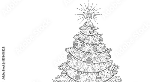 Black and white line drawing of a decorated Christmas tree with ornaments, garlands, and a shining star on top with copy space.