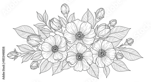 Beautifully detailed black and white floral bouquet composition with blooming flowers, buds, and leaves in a vintage engraving style.