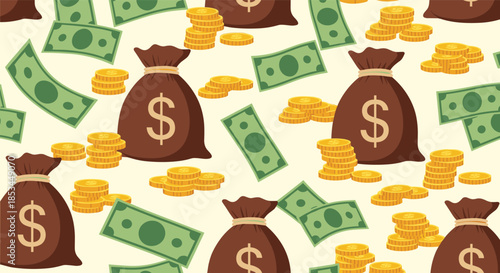 Seamless pattern of wealth and finance featuring brown money bags, stacks of gold coins, and falling green dollar banknotes.