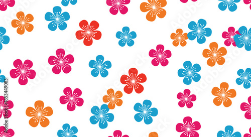 Seamless and vibrant floral pattern with scattered pink, blue, and orange cherry blossom flowers on a clean white background.