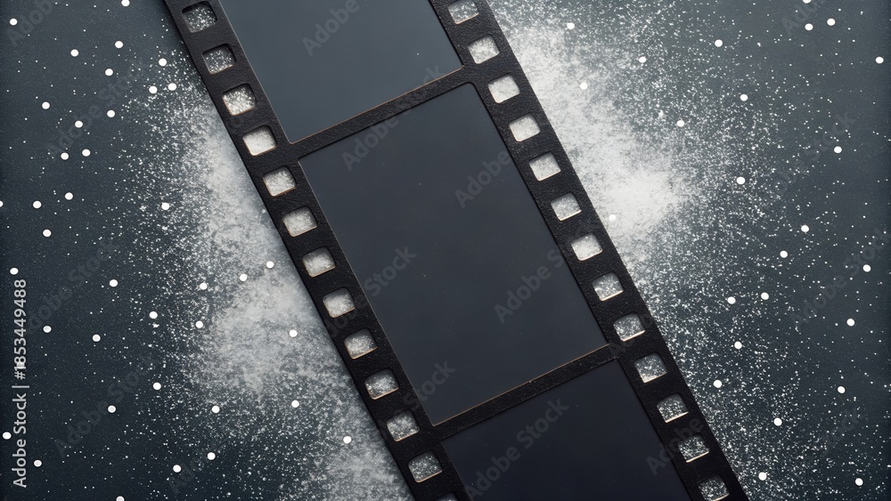 Obraz premium Analog Film Strip – Abstract Diagonal Composition of Photographic Frames on Speckled Dark Surface, analog, film, abstract, strip, cinematic, frames, photography, diagonal, nostalgia, background