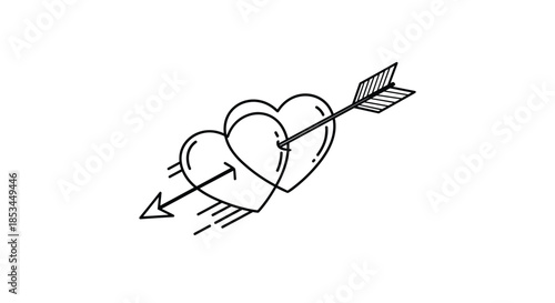 Minimalist black and white line art of two hearts pierced by a cupid's arrow, symbolizing love, romance, and Valentine's Day.