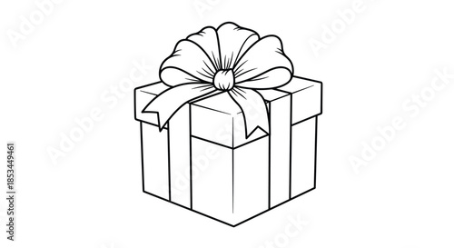 Simple black and white line art of a gift box wrapped with a ribbon and topped with a large, fluffy bow for coloring.