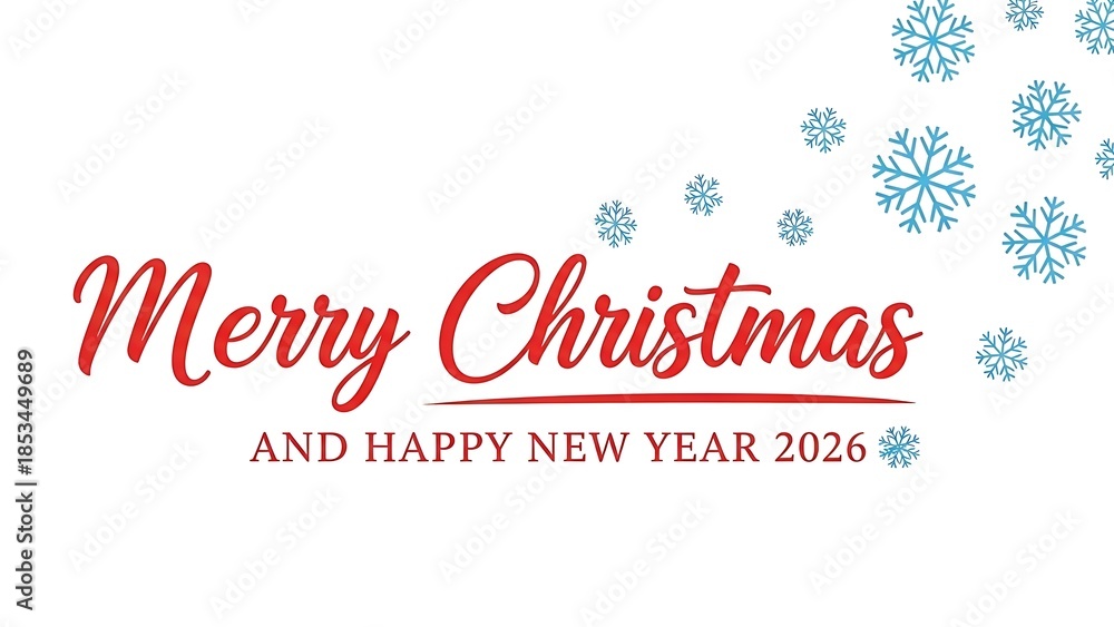 Fototapeta premium Festive merry christmas and happy new year 2026 greeting card design with falling blue snowflakes