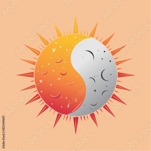 Sun and moon yin yang symbol with stars and spikes on a peach background.