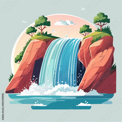 Cartoon illustration of a waterfall cascading between red cliffs into a pool of water.