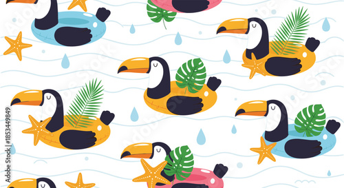 Cute seamless summer pattern with toucans on inflatable rings, tropical leaves, and starfish floating on gentle waves.